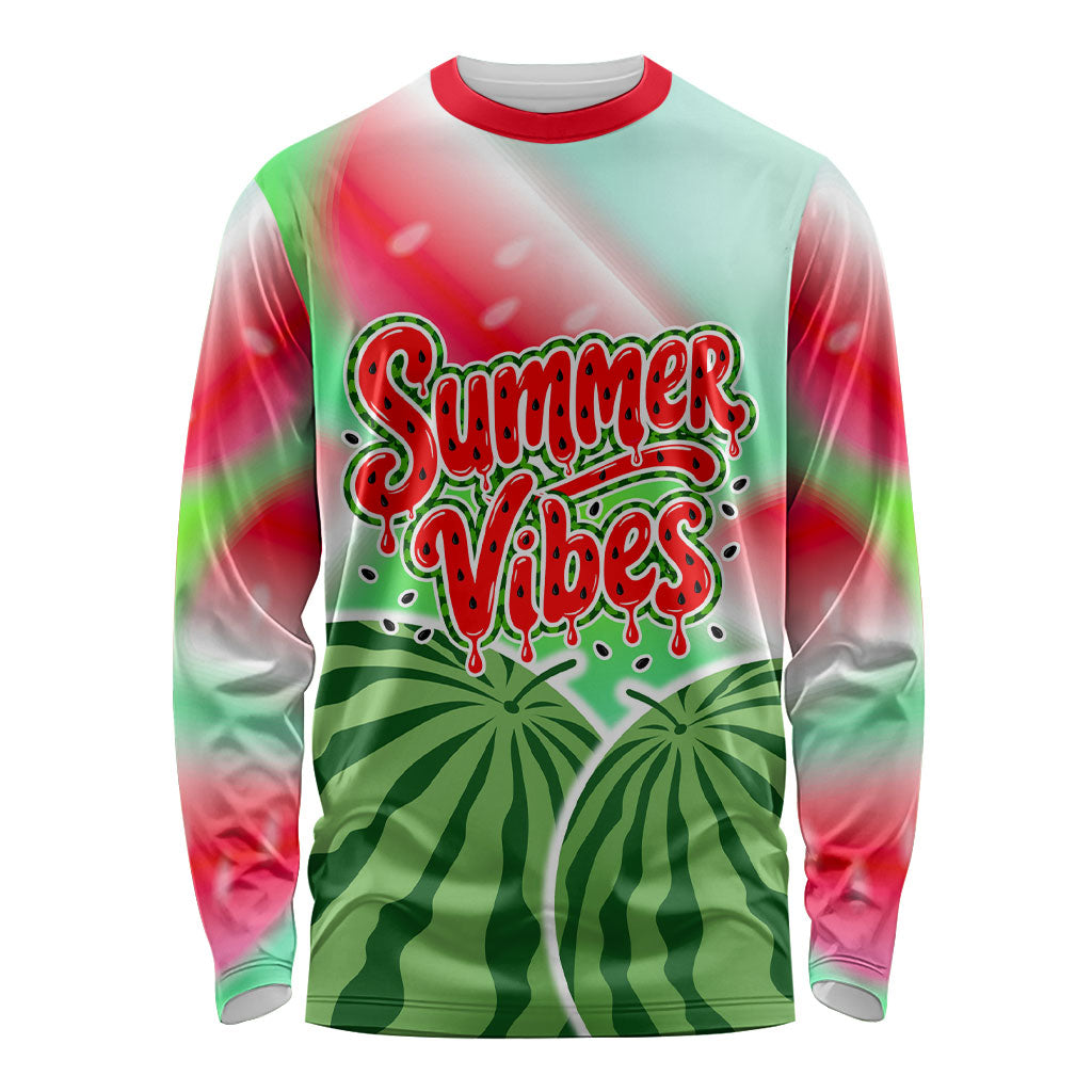 Summer Vibes Watermelon Long Sleeve Shirt Drinks And Fruit - Vibrant Watercolor Style - Tropical Vacation Art