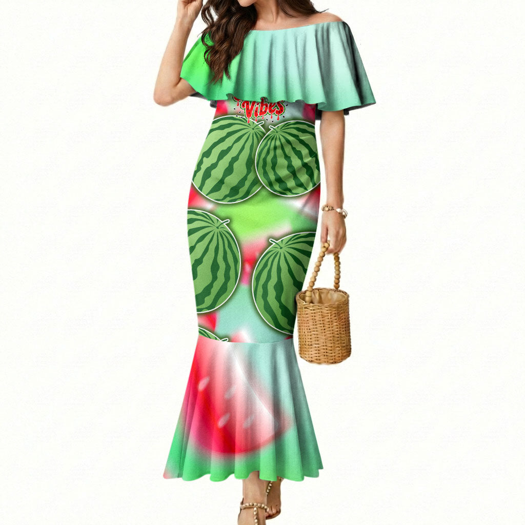 Summer Vibes Watermelon Mermaid Dress Drinks And Fruit - Vibrant Watercolor Style - Tropical Vacation Art