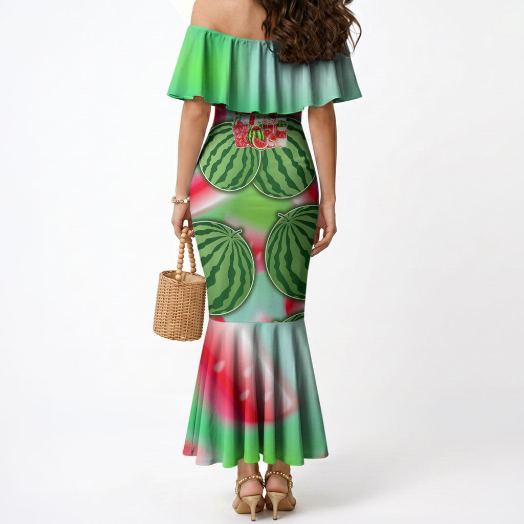 Summer Vibes Watermelon Mermaid Dress Drinks And Fruit - Vibrant Watercolor Style - Tropical Vacation Art