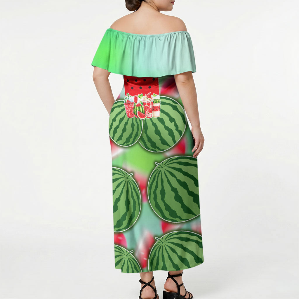 Summer Vibes Watermelon Off Shoulder Maxi Dress Drinks And Fruit - Vibrant Watercolor Style - Tropical Vacation Art