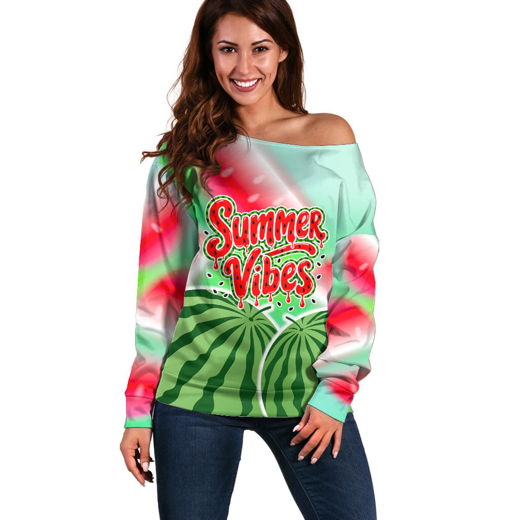 Summer Vibes Watermelon Off Shoulder Sweater Drinks And Fruit - Vibrant Watercolor Style - Tropical Vacation Art