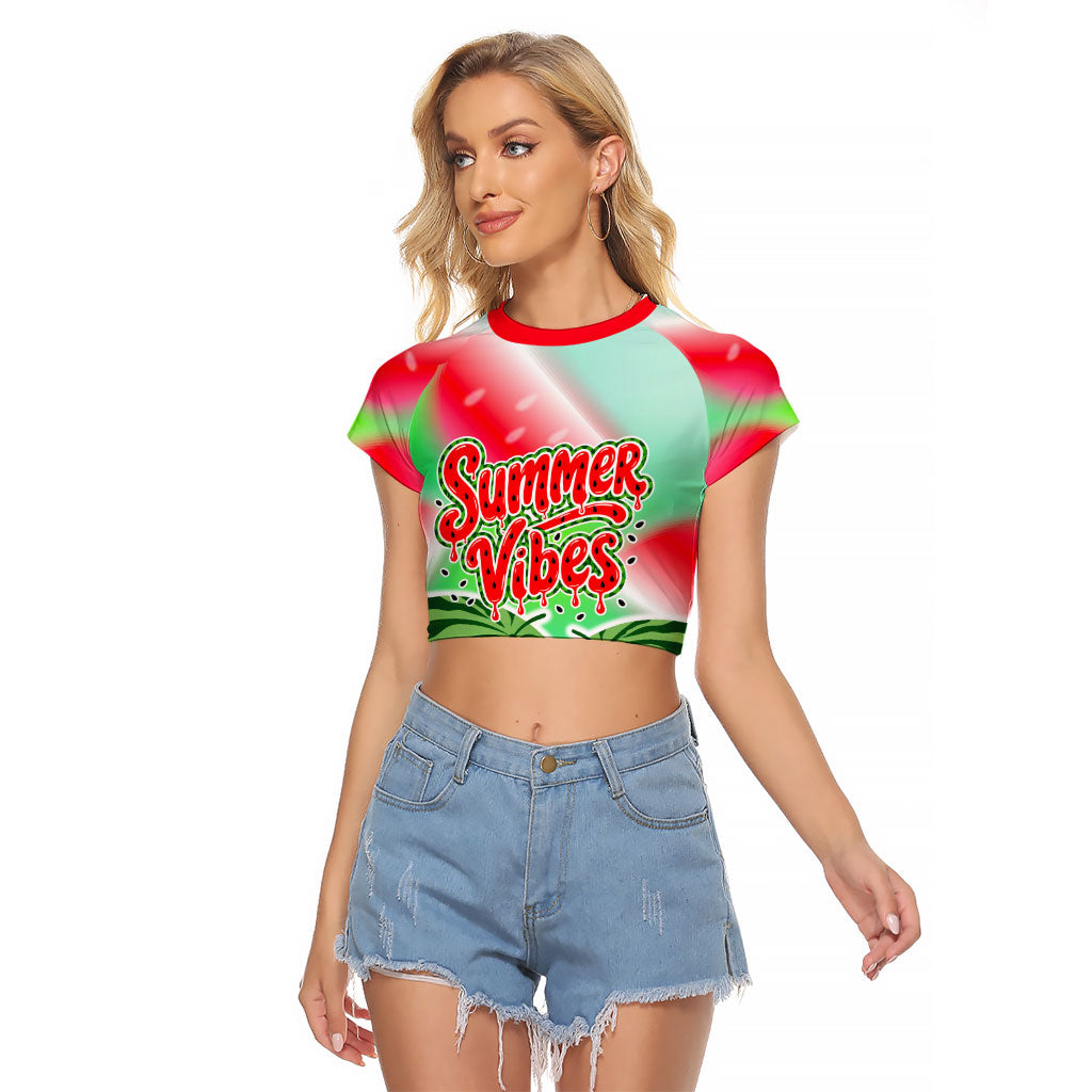 Summer Vibes Watermelon Raglan Cropped T Shirt Drinks And Fruit - Vibrant Watercolor Style - Tropical Vacation Art