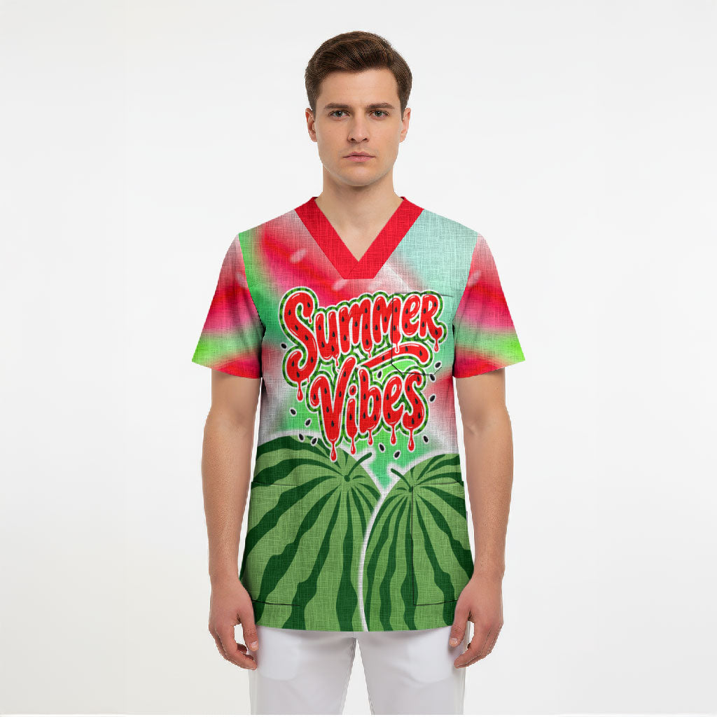Summer Vibes Watermelon Scrub Top Drinks And Fruit - Vibrant Watercolor Style - Tropical Vacation Art