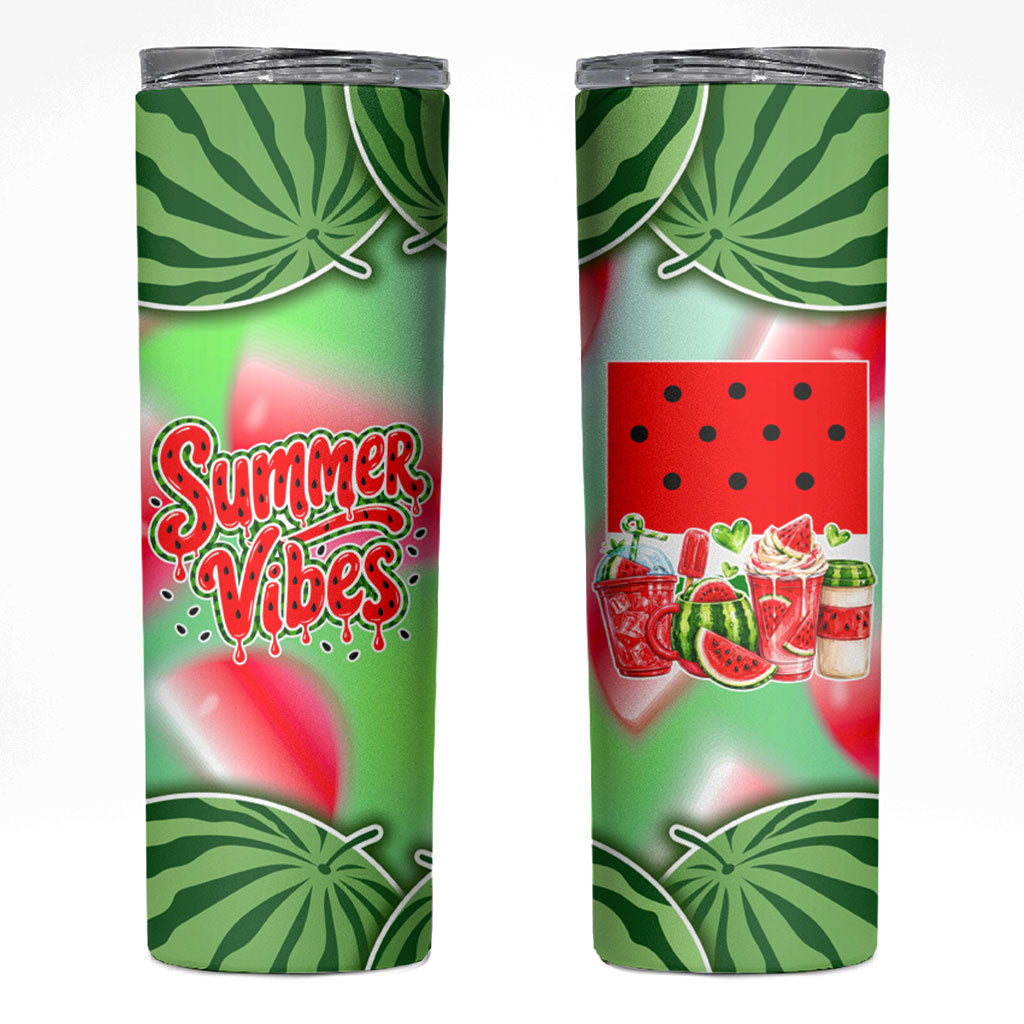 Summer Vibes Watermelon Skinny Tumbler Drinks And Fruit - Vibrant Watercolor Style - Tropical Vacation Art