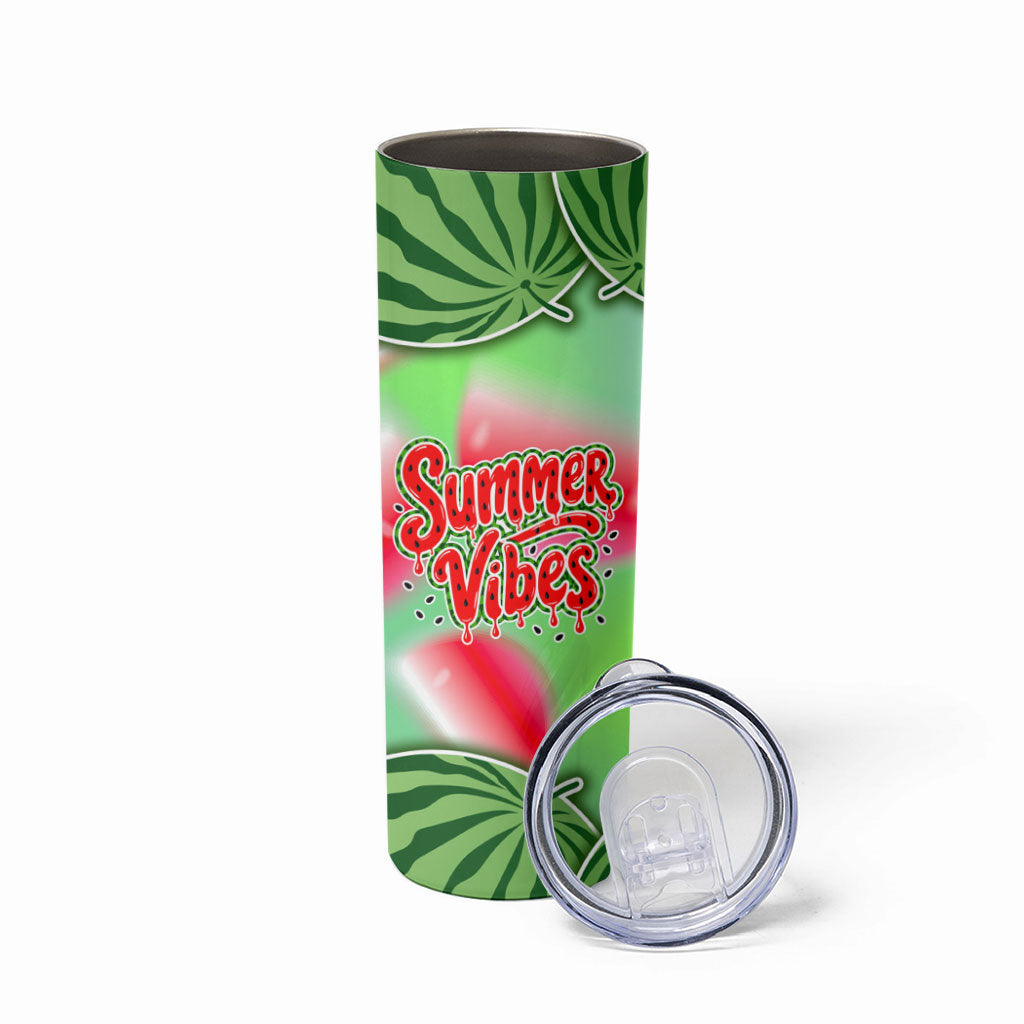 Summer Vibes Watermelon Skinny Tumbler Drinks And Fruit - Vibrant Watercolor Style - Tropical Vacation Art
