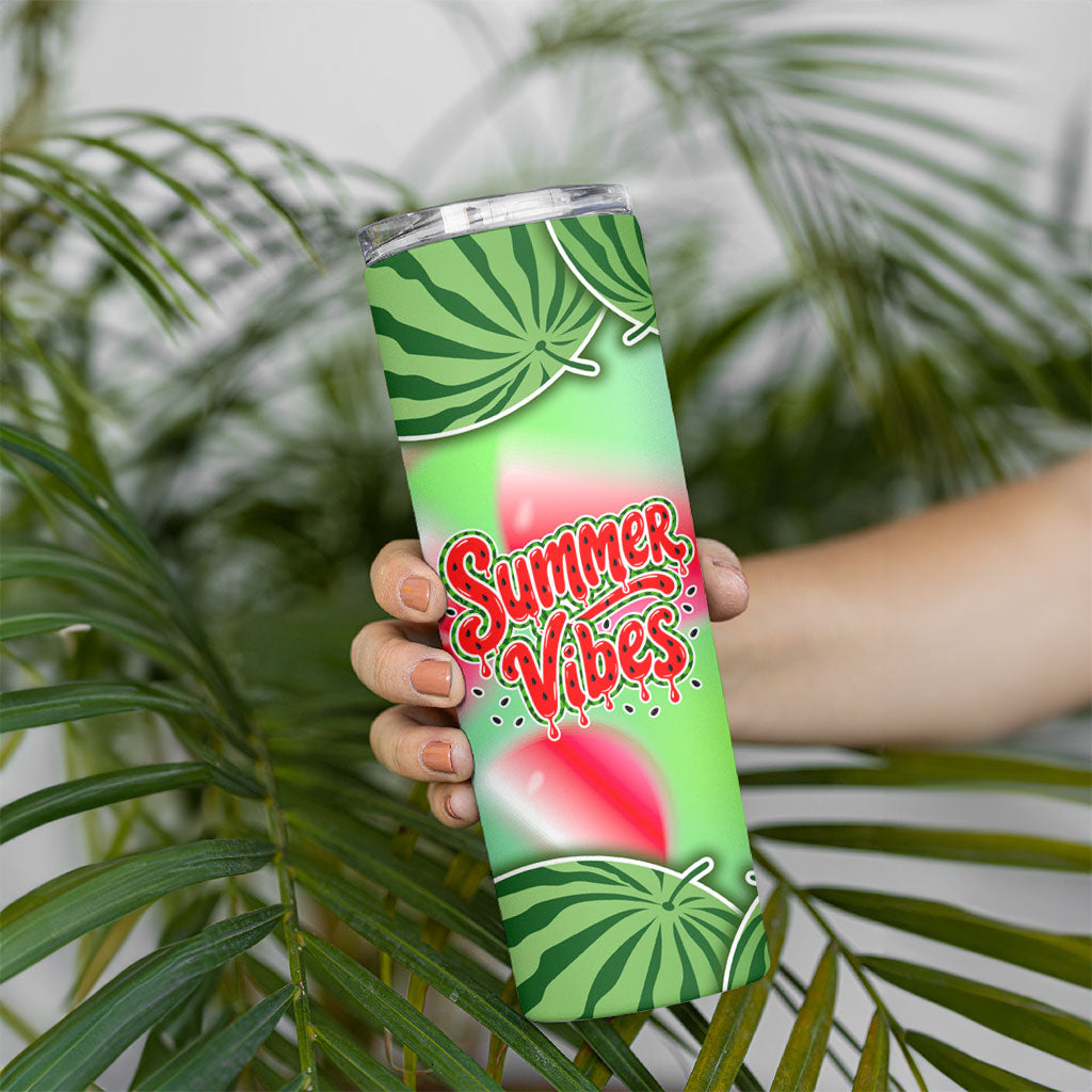 Summer Vibes Watermelon Skinny Tumbler Drinks And Fruit - Vibrant Watercolor Style - Tropical Vacation Art