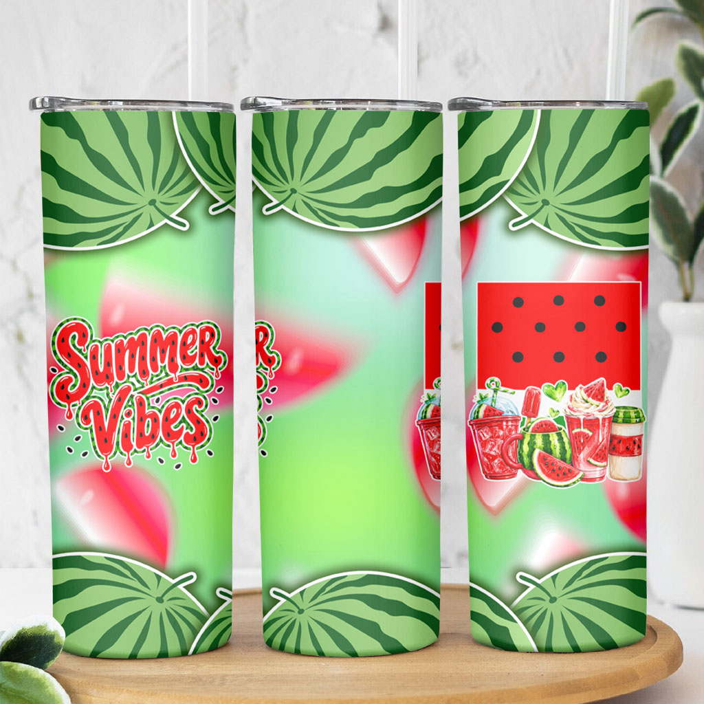 Summer Vibes Watermelon Skinny Tumbler Drinks And Fruit - Vibrant Watercolor Style - Tropical Vacation Art