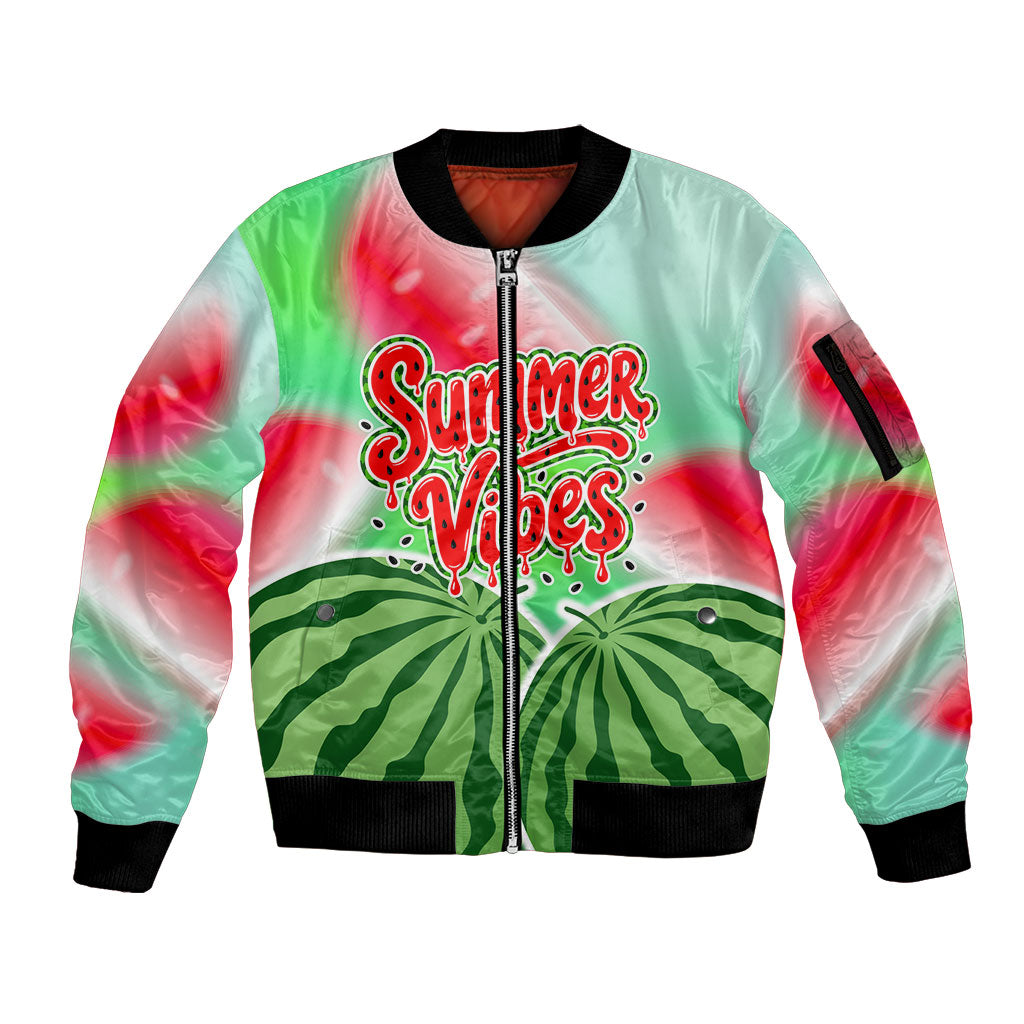 Summer Vibes Watermelon Sleeve Zip Bomber Jacket Drinks And Fruit - Vibrant Watercolor Style - Tropical Vacation Art