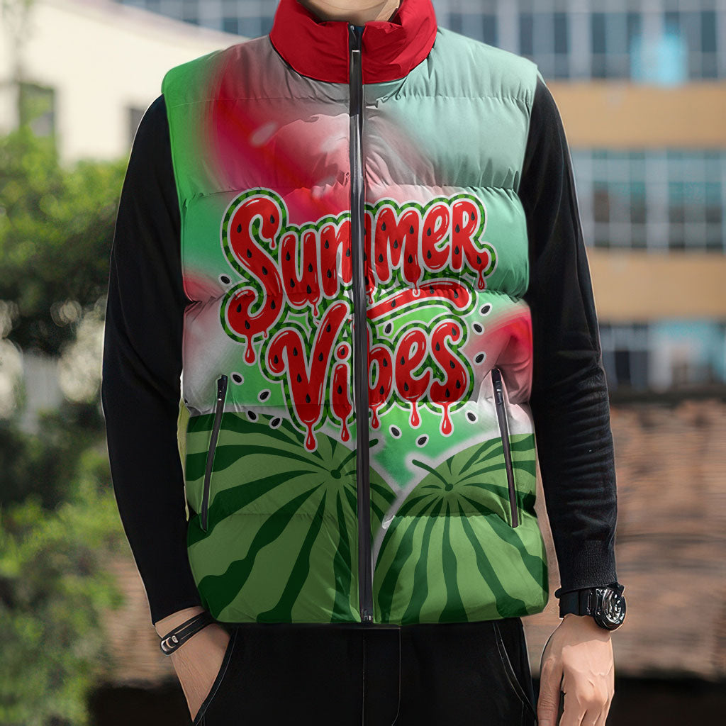 Summer Vibes Watermelon Sleeveless Puffer Jacket Drinks And Fruit - Vibrant Watercolor Style - Tropical Vacation Art