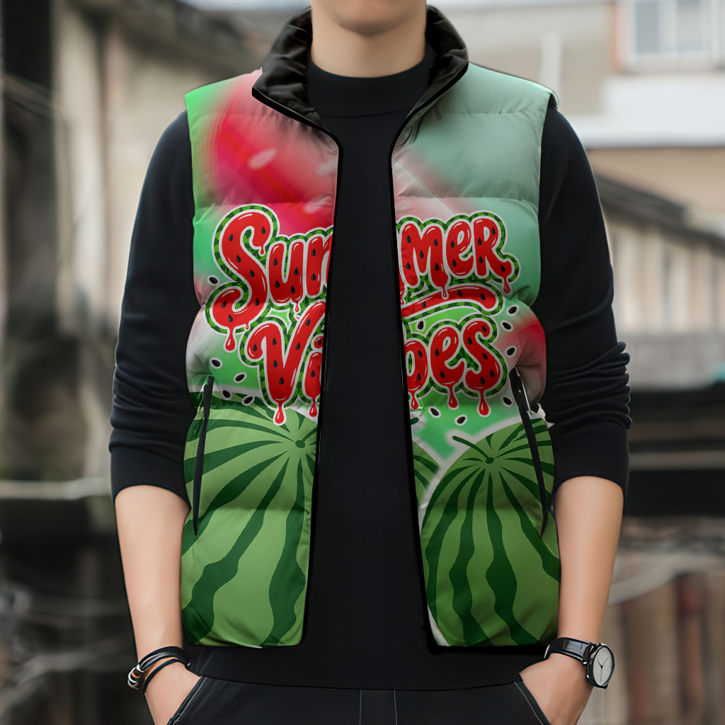 Summer Vibes Watermelon Sleeveless Puffer Jacket Drinks And Fruit - Vibrant Watercolor Style - Tropical Vacation Art