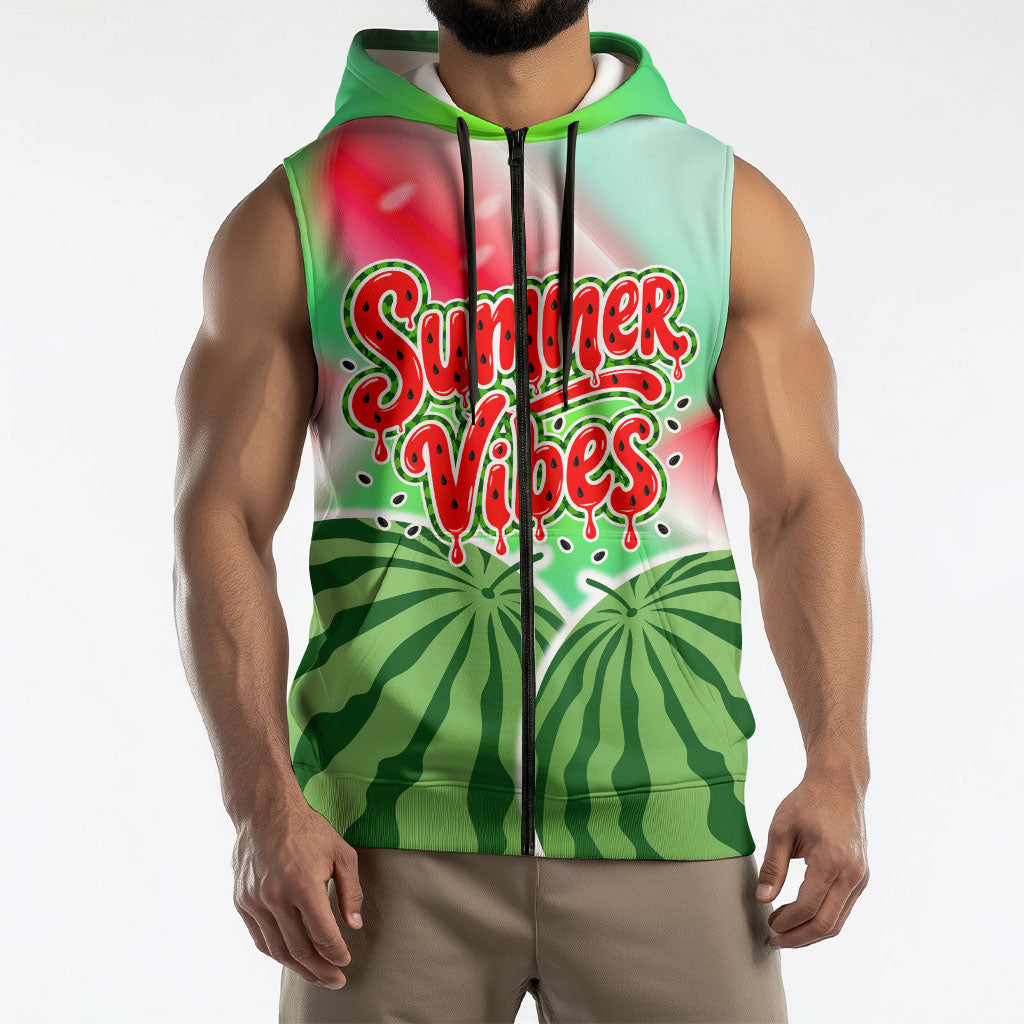 Summer Vibes Watermelon Sleeveless Zip Hoodie Drinks And Fruit - Vibrant Watercolor Style - Tropical Vacation Art