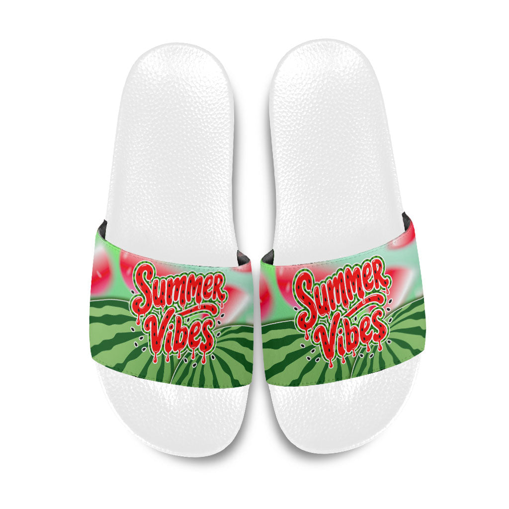 Summer Vibes Watermelon Slide Sandals Drinks And Fruit - Vibrant Watercolor Style - Tropical Vacation Art