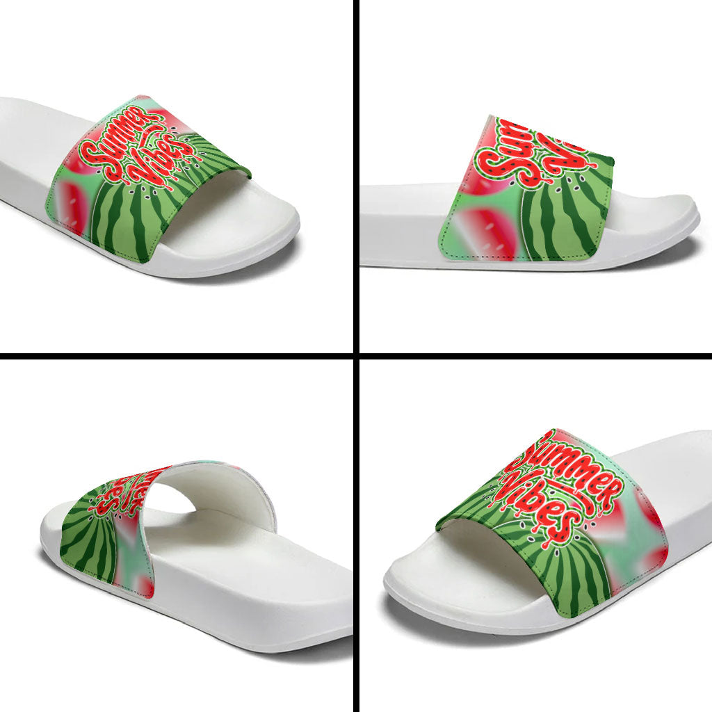 Summer Vibes Watermelon Slide Sandals Drinks And Fruit - Vibrant Watercolor Style - Tropical Vacation Art