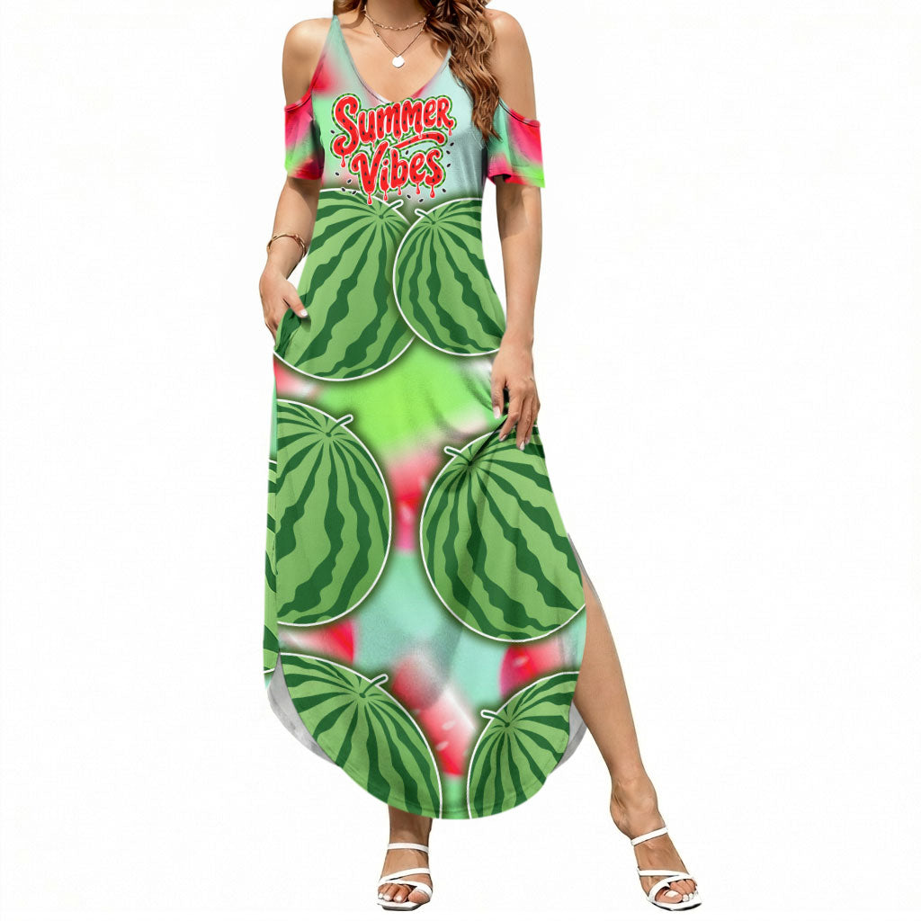 Summer Vibes Watermelon Summer Maxi Dress Drinks And Fruit - Vibrant Watercolor Style - Tropical Vacation Art