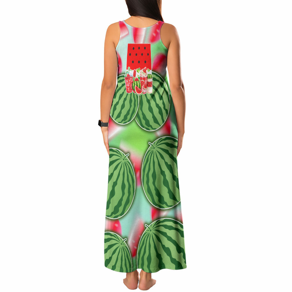 Summer Vibes Watermelon Tank Maxi Dress Drinks And Fruit - Vibrant Watercolor Style - Tropical Vacation Art
