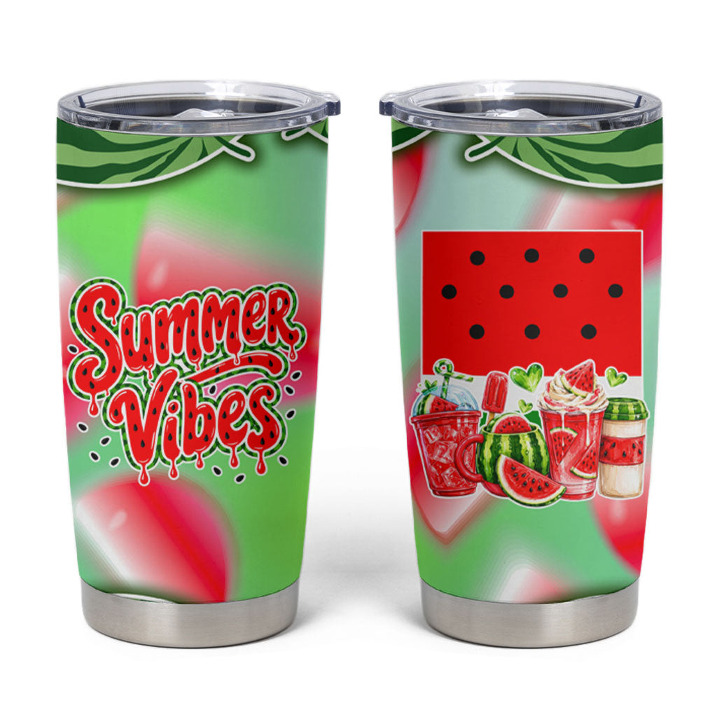 Summer Vibes Watermelon Tumbler Cup Drinks And Fruit - Vibrant Watercolor Style - Tropical Vacation Art