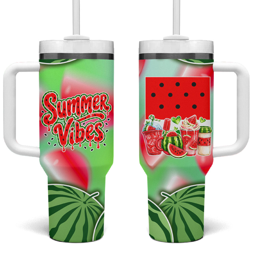 Summer Vibes Watermelon Tumbler With Handle Drinks And Fruit - Vibrant Watercolor Style - Tropical Vacation Art