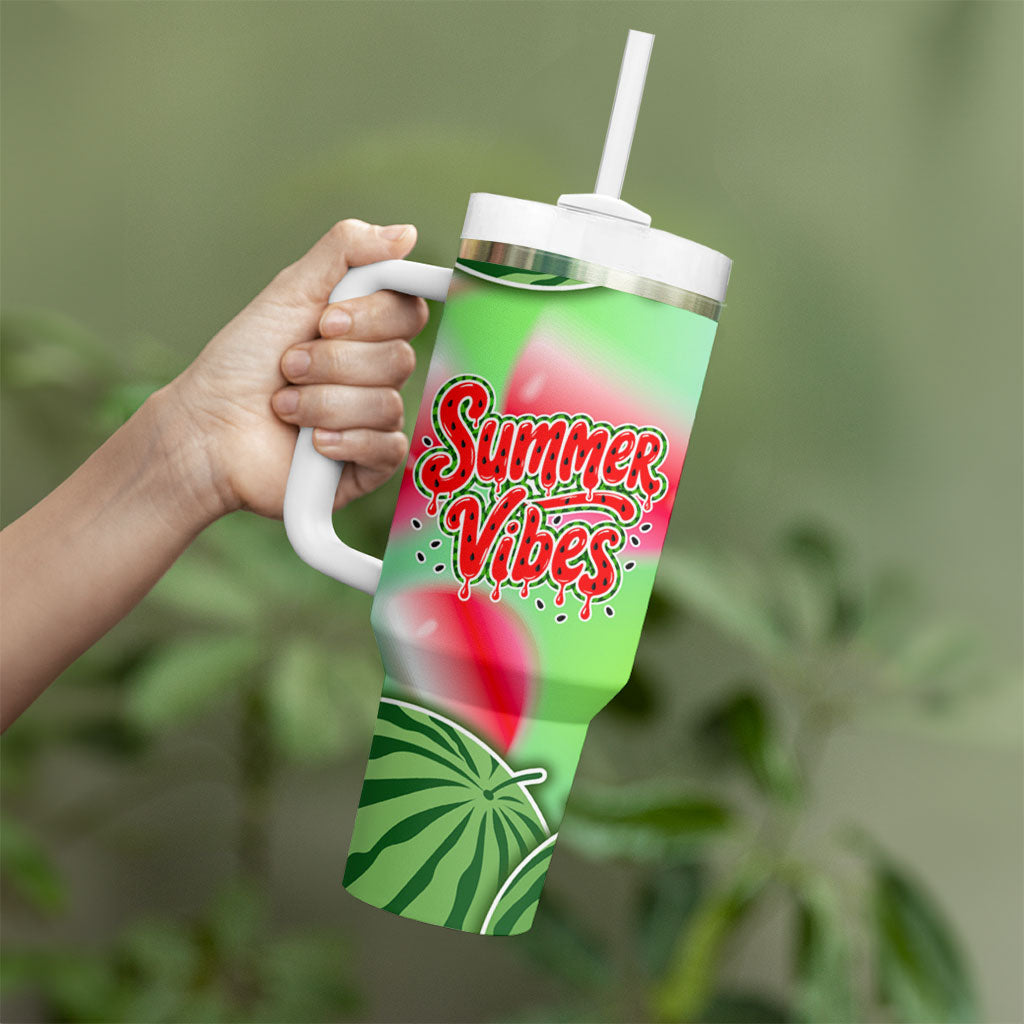 Summer Vibes Watermelon Tumbler With Handle Drinks And Fruit - Vibrant Watercolor Style - Tropical Vacation Art