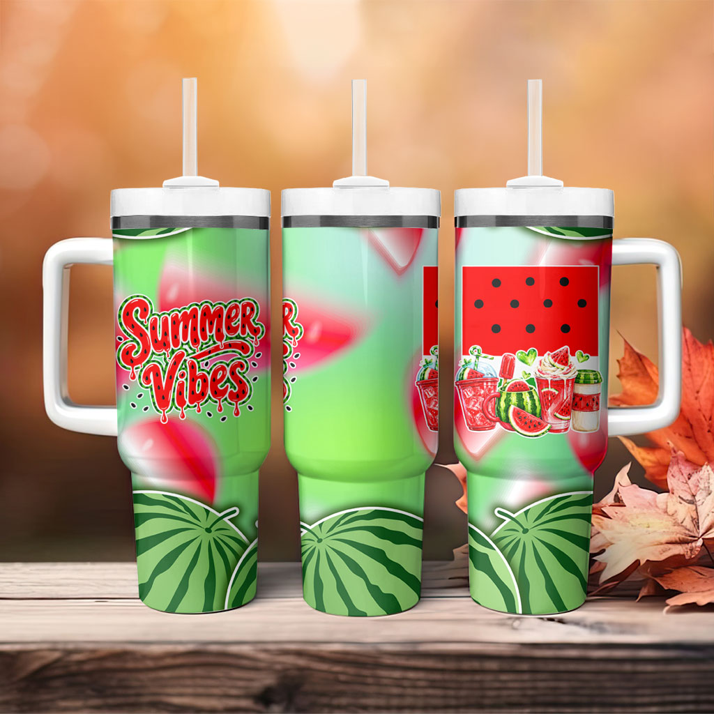 Summer Vibes Watermelon Tumbler With Handle Drinks And Fruit - Vibrant Watercolor Style - Tropical Vacation Art