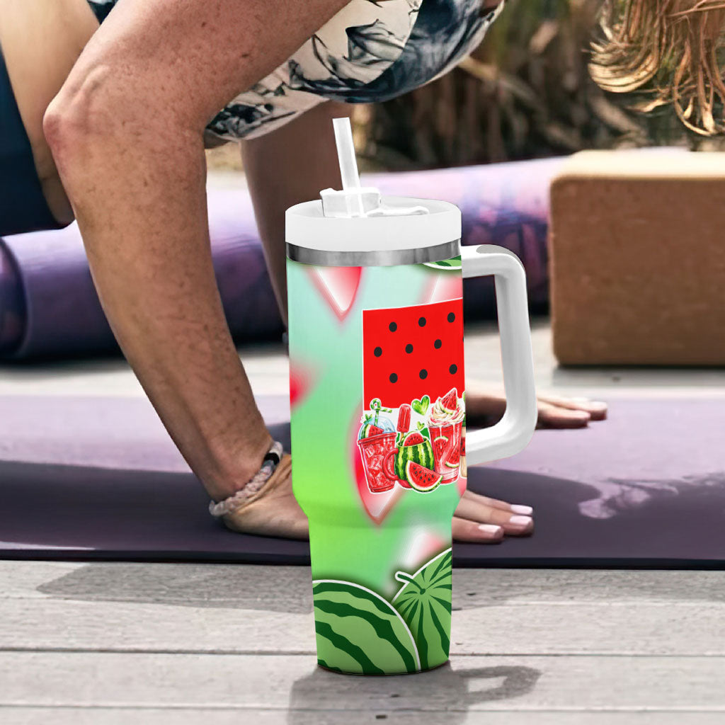 Summer Vibes Watermelon Tumbler With Handle Drinks And Fruit - Vibrant Watercolor Style - Tropical Vacation Art
