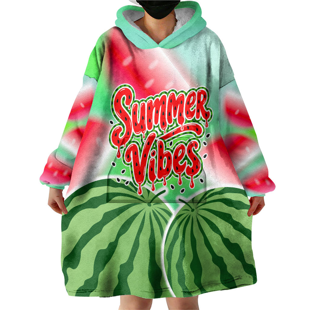 Summer Vibes Watermelon Wearable Blanket Hoodie Drinks And Fruit - Vibrant Watercolor Style - Tropical Vacation Art