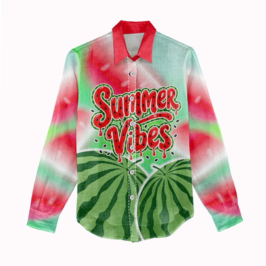 Summer Vibes Watermelon Women Casual Shirt Drinks And Fruit - Vibrant Watercolor Style - Tropical Vacation Art