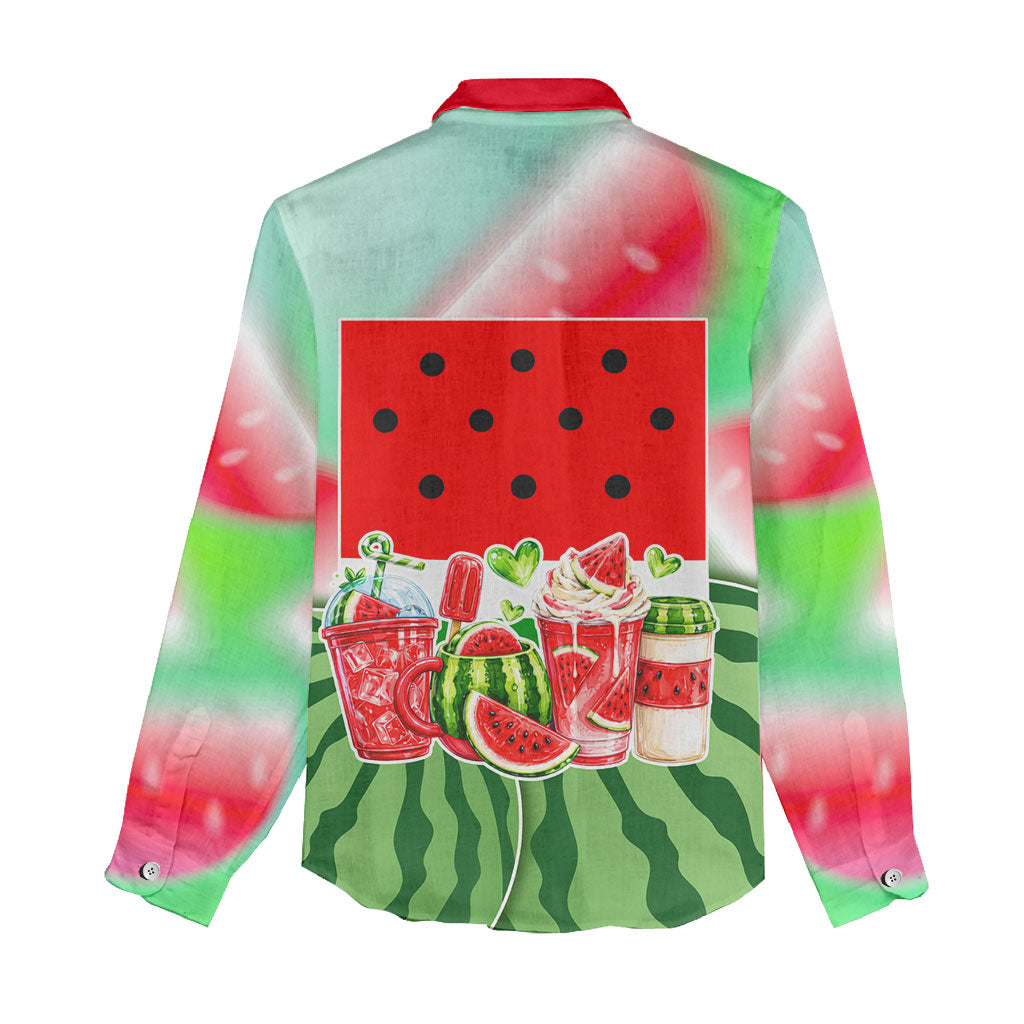 Summer Vibes Watermelon Women Casual Shirt Drinks And Fruit - Vibrant Watercolor Style - Tropical Vacation Art