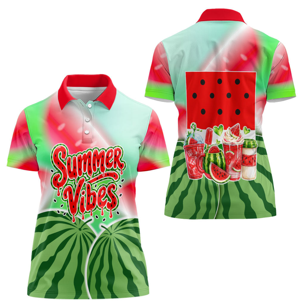 Summer Vibes Watermelon Women Polo Shirt Drinks And Fruit - Vibrant Watercolor Style - Tropical Vacation Art