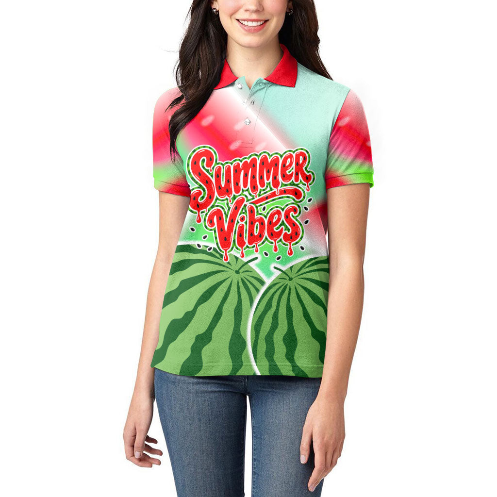 Summer Vibes Watermelon Women Polo Shirt Drinks And Fruit - Vibrant Watercolor Style - Tropical Vacation Art
