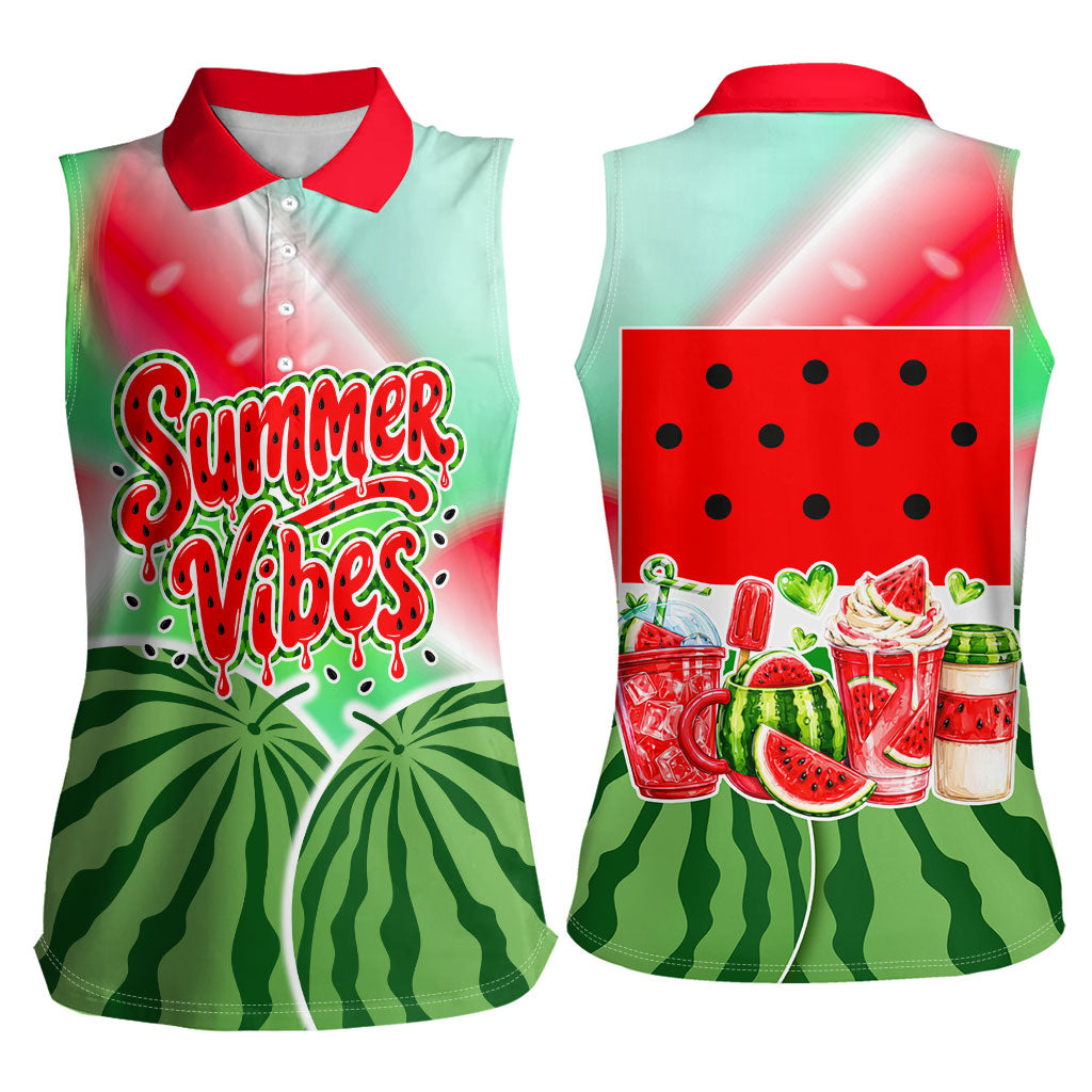 Summer Vibes Watermelon Women Sleeveless Polo Shirt Drinks And Fruit - Vibrant Watercolor Style - Tropical Vacation Art