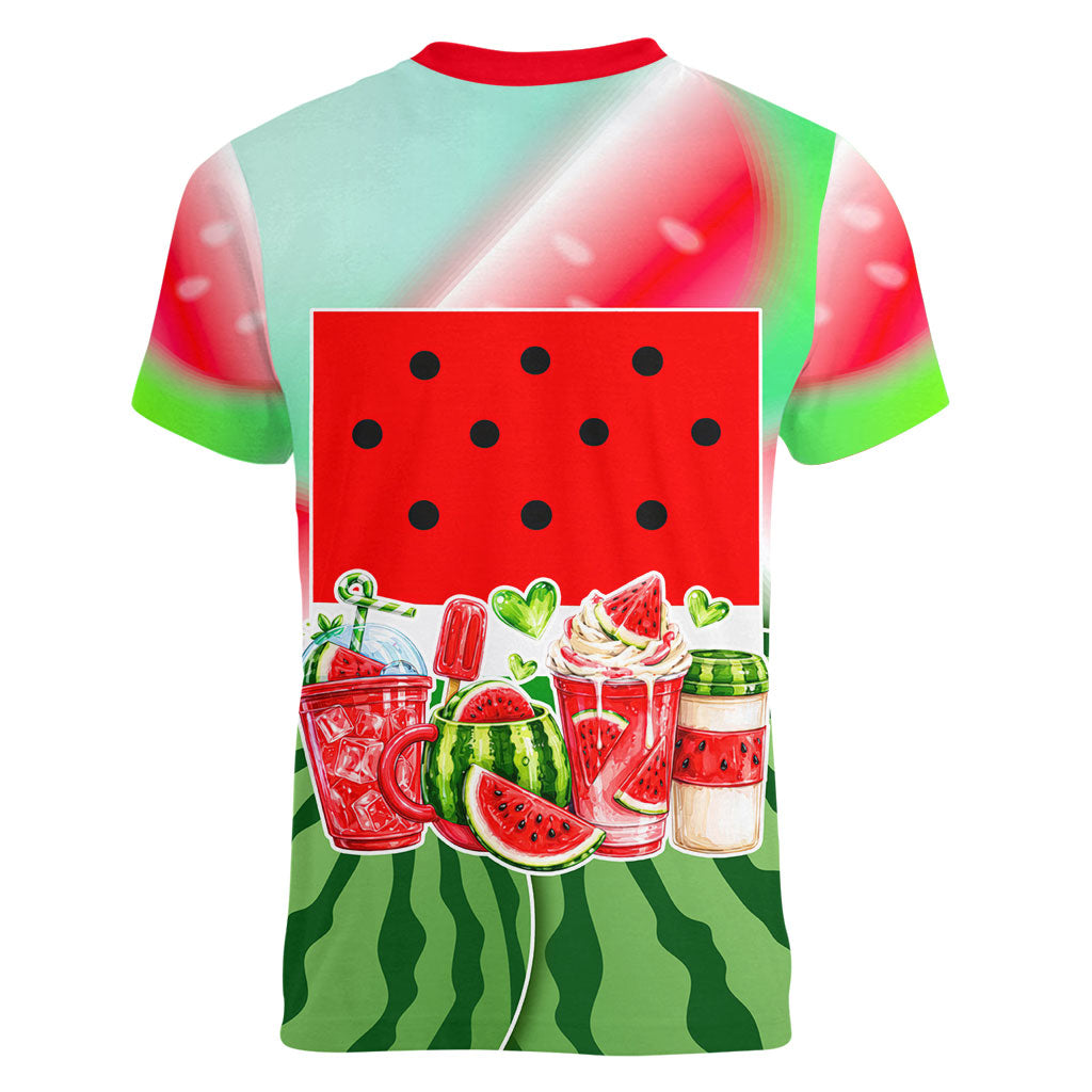 Summer Vibes Watermelon Women V-Neck T-Shirt Drinks And Fruit - Vibrant Watercolor Style - Tropical Vacation Art