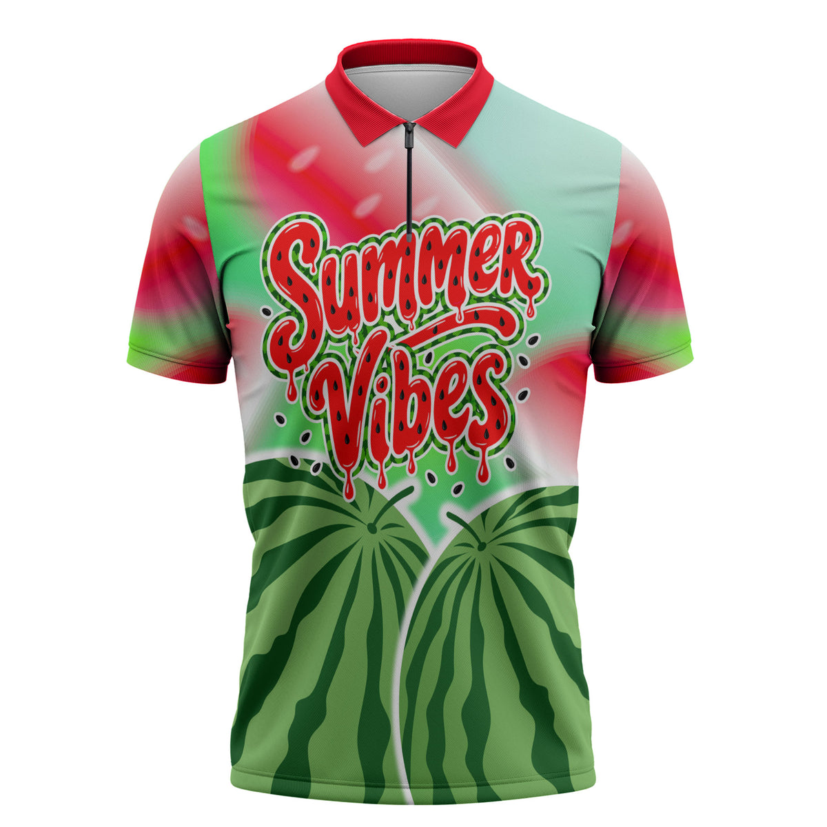 Summer Vibes Watermelon Zipper Polo Shirt Drinks And Fruit - Vibrant Watercolor Style - Tropical Vacation Art