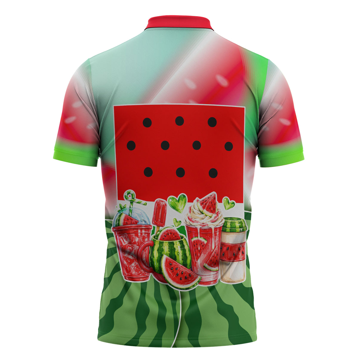 Summer Vibes Watermelon Zipper Polo Shirt Drinks And Fruit - Vibrant Watercolor Style - Tropical Vacation Art
