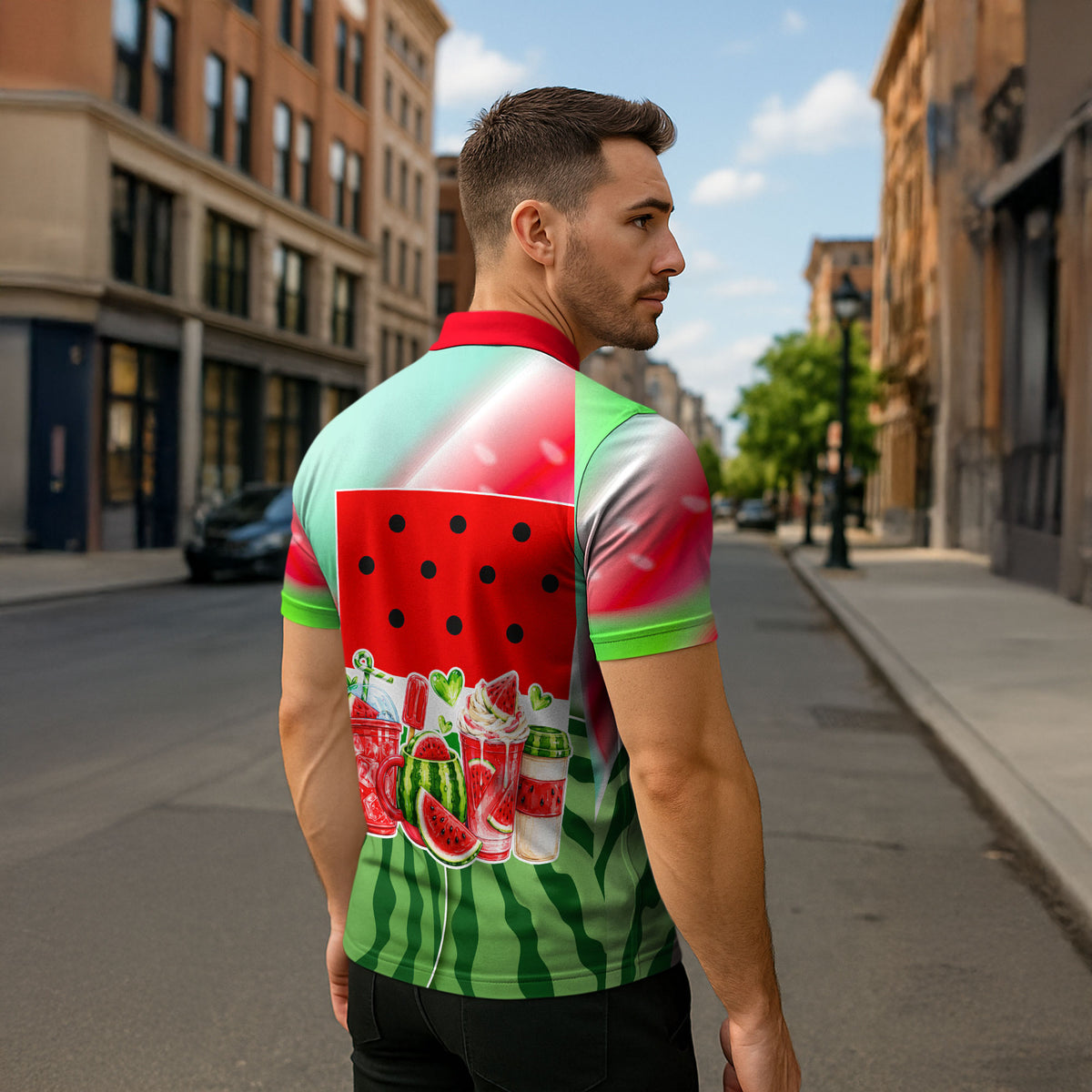 Summer Vibes Watermelon Zipper Polo Shirt Drinks And Fruit - Vibrant Watercolor Style - Tropical Vacation Art