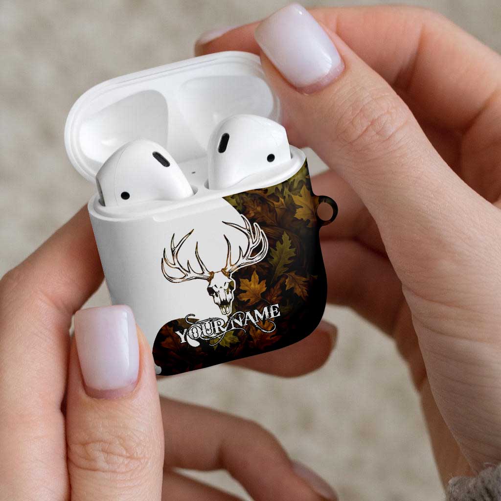 Custom Deer Hunting Skull AirPods Case with Antlers Graphic on Autumn Leaf Camo Background - Wonder Print Shop