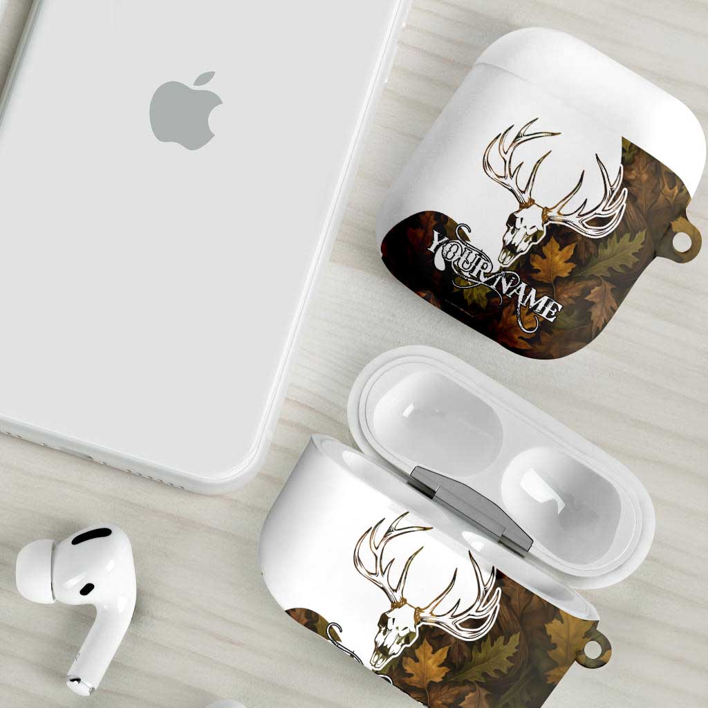 Custom Deer Hunting Skull AirPods Case with Antlers Graphic on Autumn Leaf Camo Background - Wonder Print Shop