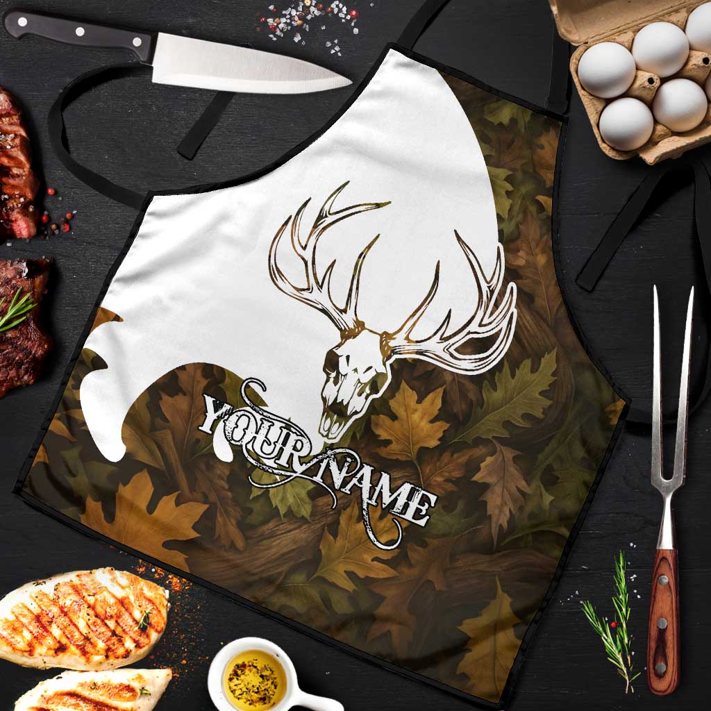 Custom Deer Hunting Skull Apron with Antlers Graphic on Autumn Leaf Camo Background - Wonder Print Shop