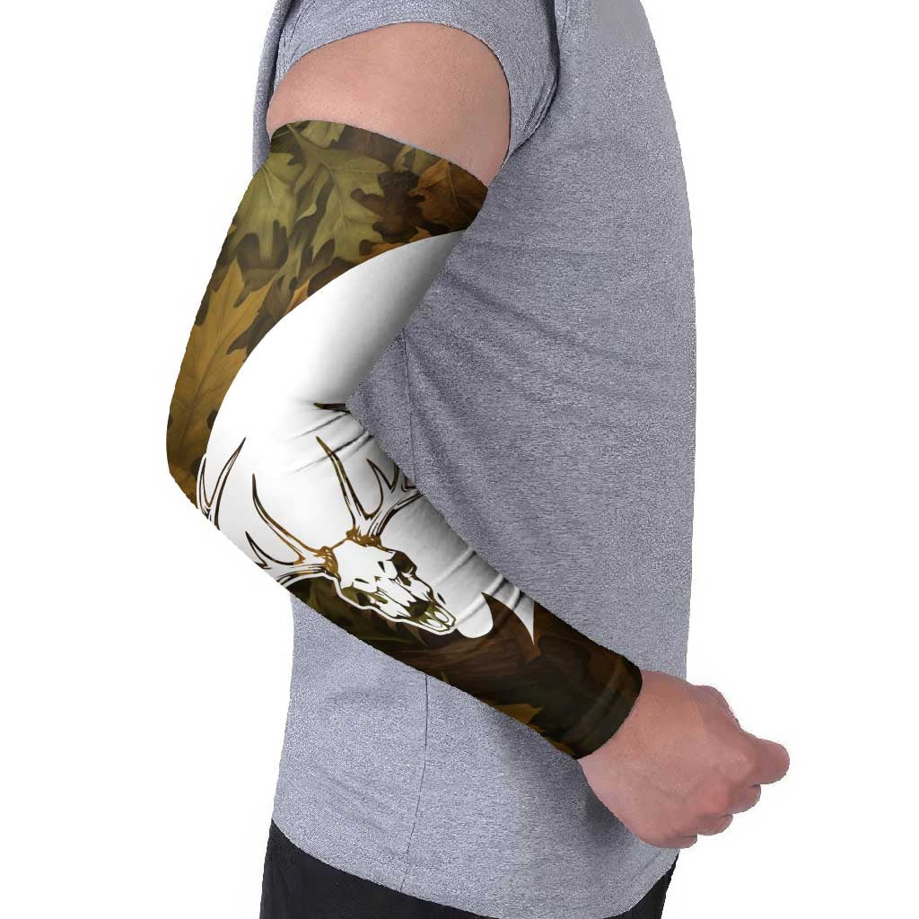 Custom Deer Hunting Skull Arm Sleeves with Antlers Graphic on Autumn Leaf Camo Background - Wonder Print Shop