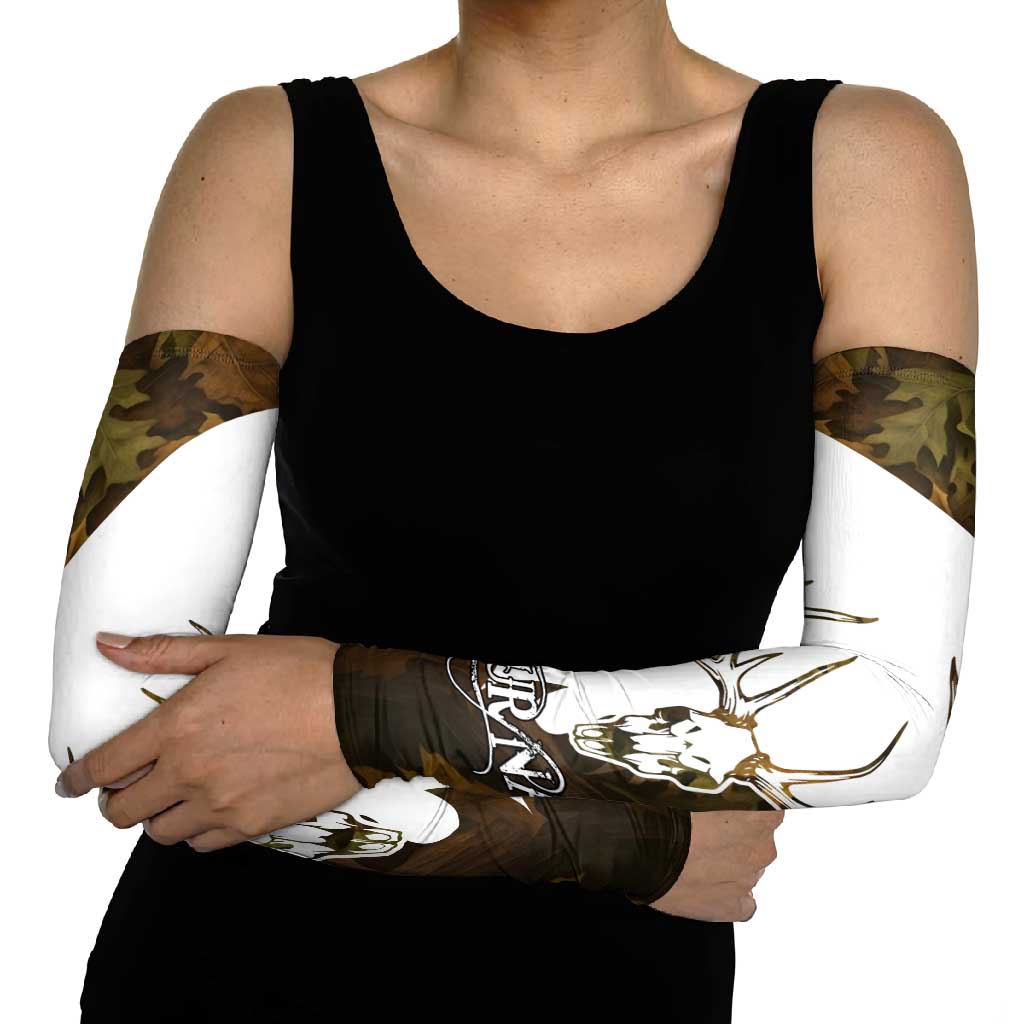 Custom Deer Hunting Skull Arm Sleeves with Antlers Graphic on Autumn Leaf Camo Background - Wonder Print Shop