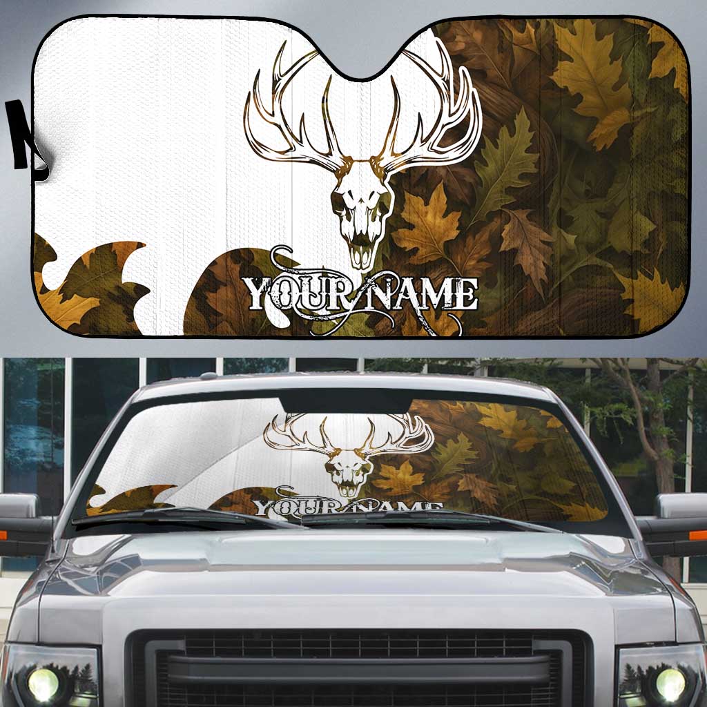 Custom Deer Hunting Skull Auto Sun Shade with Antlers Graphic on Autumn Leaf Camo Background - Wonder Print Shop
