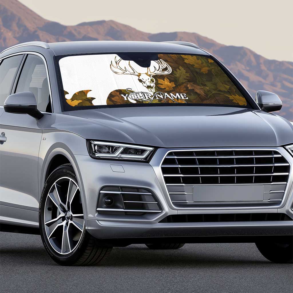 Custom Deer Hunting Skull Auto Sun Shade with Antlers Graphic on Autumn Leaf Camo Background - Wonder Print Shop