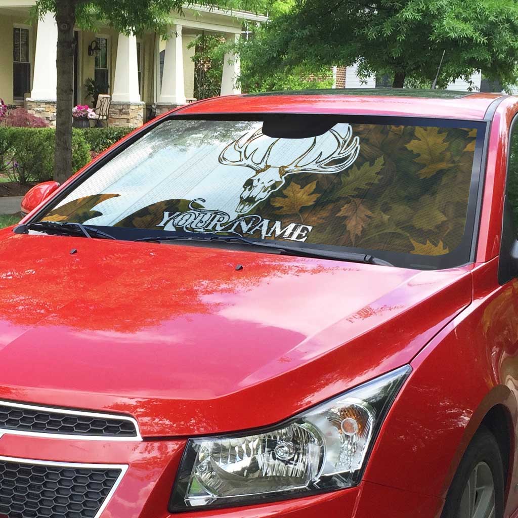 Custom Deer Hunting Skull Auto Sun Shade with Antlers Graphic on Autumn Leaf Camo Background - Wonder Print Shop