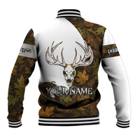 Custom Deer Hunting Skull Baseball Jacket with Antlers Graphic on Autumn Leaf Camo Background - Wonder Print Shop