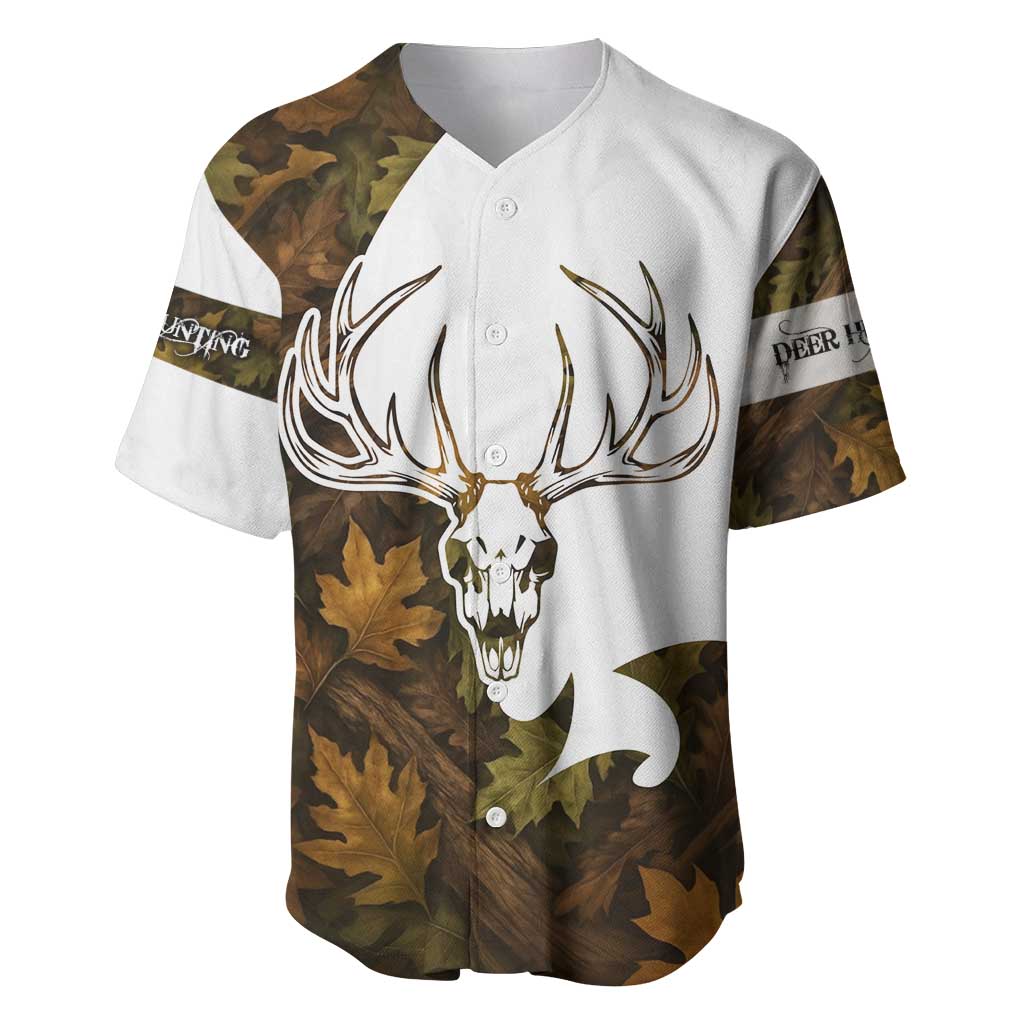Custom Deer Hunting Skull Baseball Jersey with Antlers Graphic on Autumn Leaf Camo Background - Wonder Print Shop