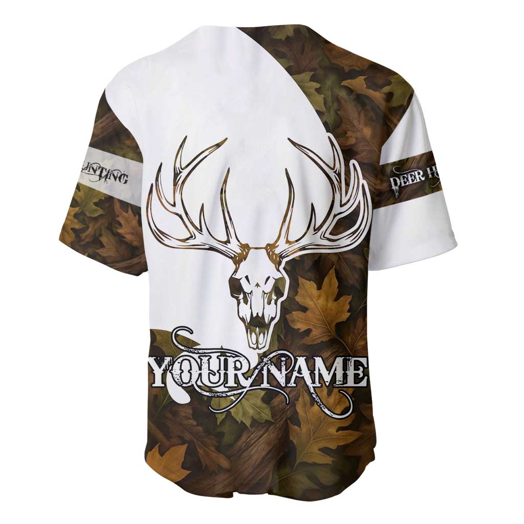 Custom Deer Hunting Skull Baseball Jersey with Antlers Graphic on Autumn Leaf Camo Background - Wonder Print Shop