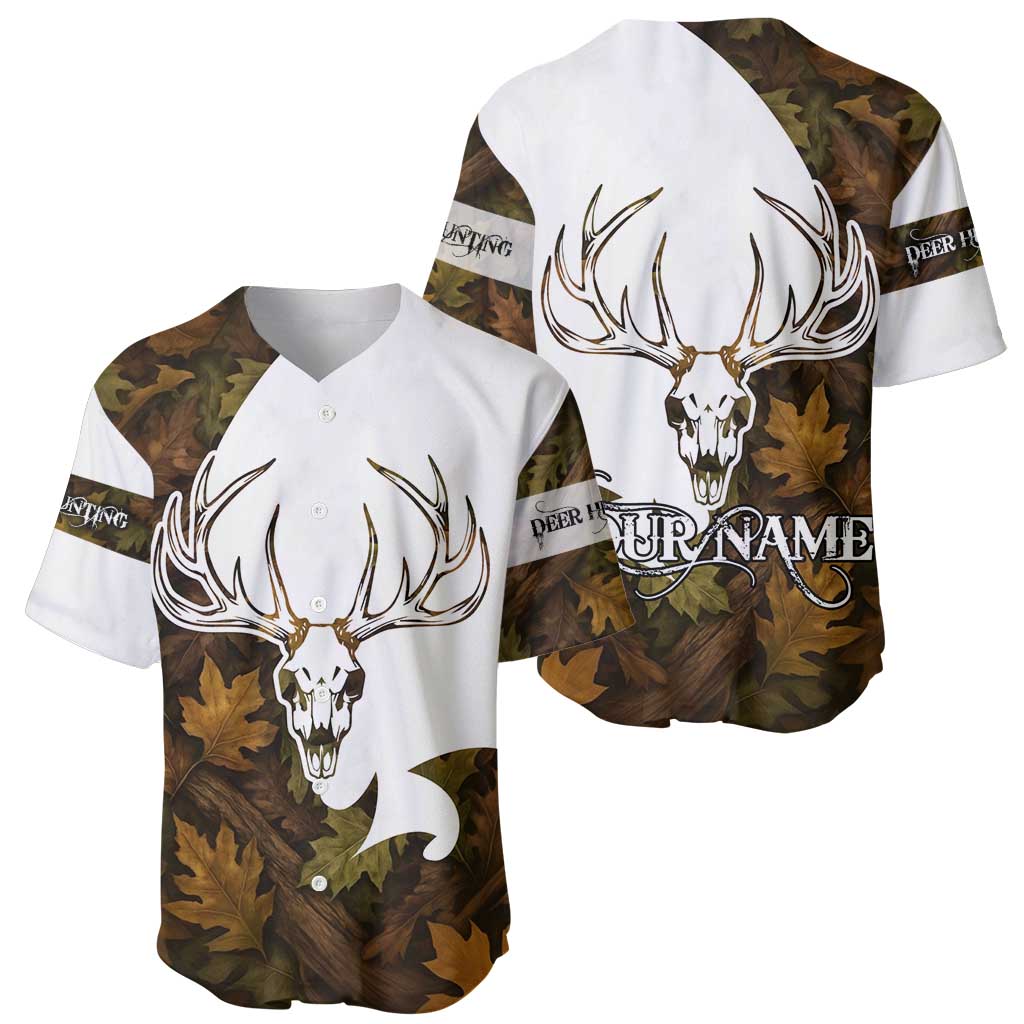 Custom Deer Hunting Skull Baseball Jersey with Antlers Graphic on Autumn Leaf Camo Background - Wonder Print Shop