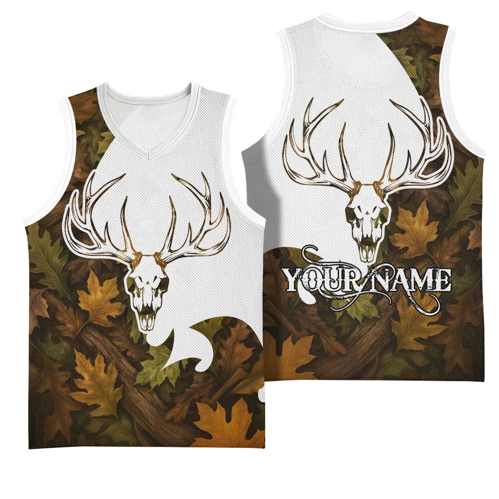 Custom Deer Hunting Skull Basketball Jersey with Antlers Graphic on Autumn Leaf Camo Background - Wonder Print Shop