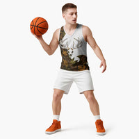 Custom Deer Hunting Skull Basketball Jersey with Antlers Graphic on Autumn Leaf Camo Background - Wonder Print Shop