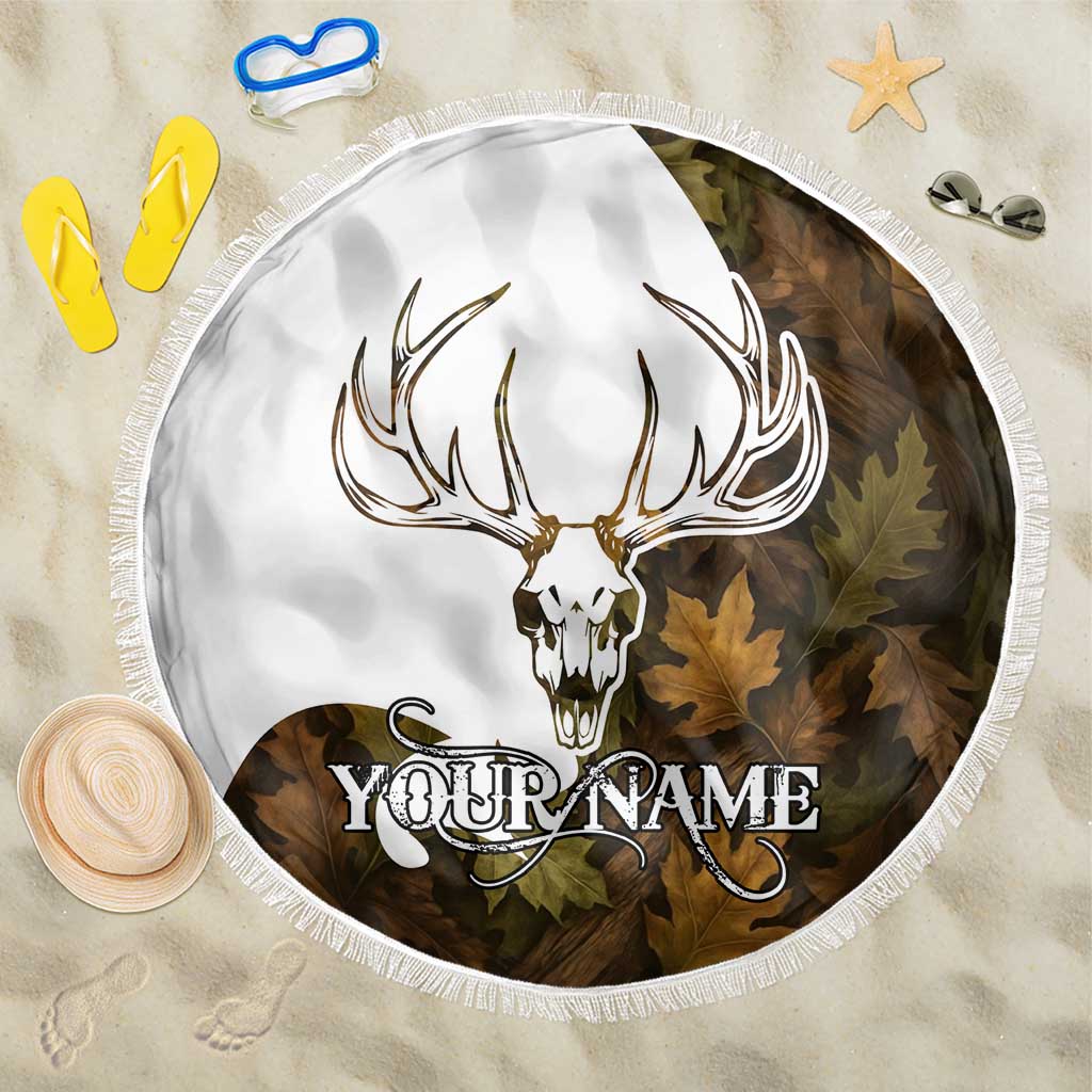 Custom Deer Hunting Skull Beach Blanket with Antlers Graphic on Autumn Leaf Camo Background - Wonder Print Shop