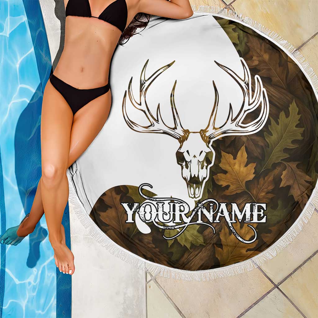 Custom Deer Hunting Skull Beach Blanket with Antlers Graphic on Autumn Leaf Camo Background - Wonder Print Shop